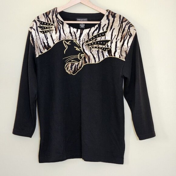 Nonpareil Tops - Nonpareil Top Womens L Leopard Animal Design 3/4 Sleeves Pullover Vintage 1980s